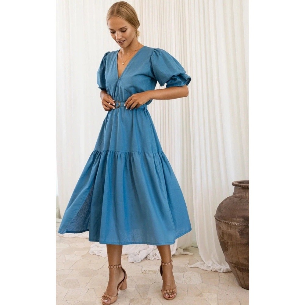 NWT Bali ELF Peony Midi Dress Blue Organic Linen High Waist No Belt Size S $175